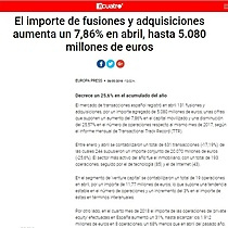 El importe de fusiones y adquisiciones aumenta un 7,86% en abril, hasta 5.080 millones de euros